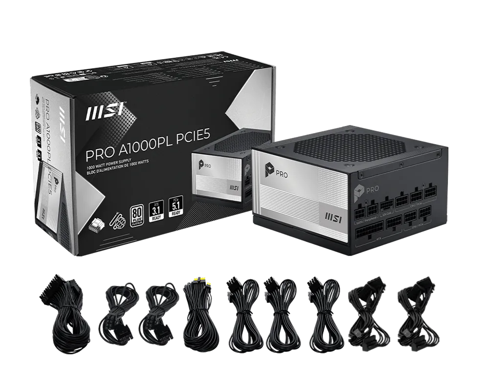 Nguồn máy tính MSI PRO A1000PL | 1000W 80 Plus Platinum, PCIE 5.1 , ATX 3.1